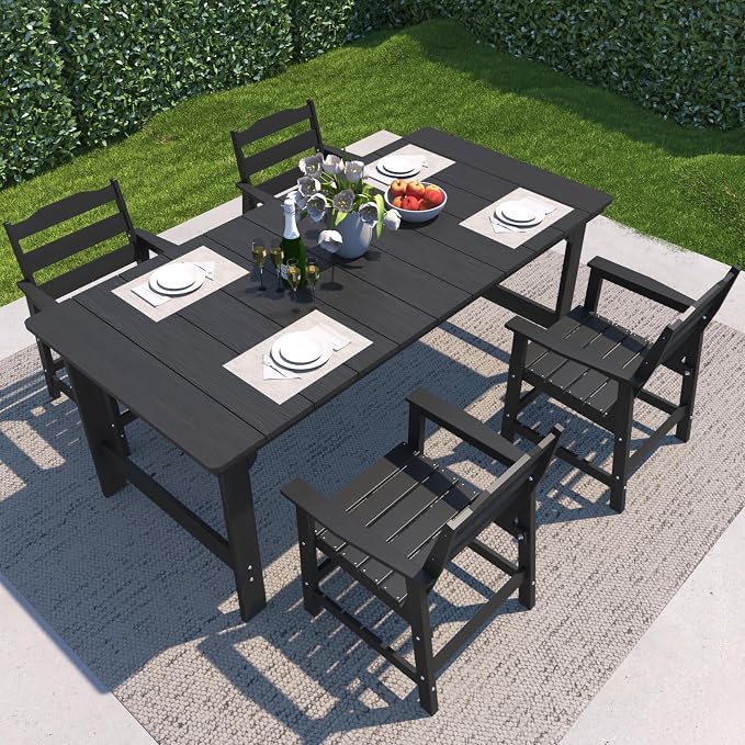 THOEOE 5 Piece Outdoor Dining Set, Patio Dining Table and 4 Chairs, All-Aluminum Frame, All-Weather HDPE Outdoor Furniture with Umbrella Hole for Garden, Lawn, Poolside, Black