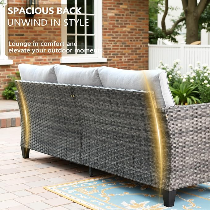 CAODOC 8-Piece Outdoor Wicker Patio Set with 9 Seats, Including 53" Fire Pit - Sectional Sofa and Conversation Set for Backyard or Lawn, Gray Rattan with Waterproof Gray Cushions