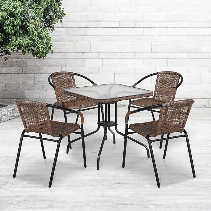 Flash Furniture Lila 28'' Square Glass Metal Table with Dark Brown Rattan Edging and 4 Dark Brown Rattan Stack Chairs