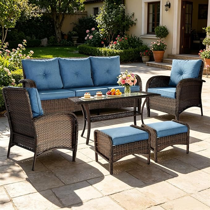 SHGJ&SOFT All Weather Patio Furniture Set, High Back Swivel Rocker Glider Chairs，Ottomans & Glass Tables, Outdoor Conversation Set for Deck Porch Yard Poolside (Blue, 7PCS-Sofa&Chairs&Ottomans&Table)