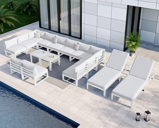 NICESOUL Extra Large Aluminum Patio Furniture Set with Chaise Lounge, All-Weather 29" Wide Seats Outdoor Sofa Conversation Set, 16 Piece Modern Sectional Couch for 14 Seats, for Garden, Light Gray