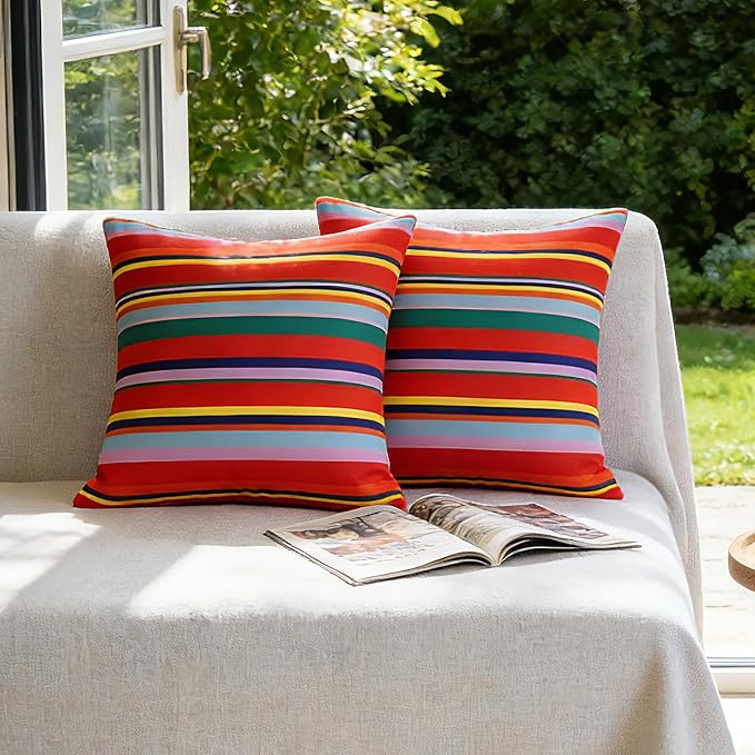 Eternal Beauty 18X18'' Set of 2 Outdoor Decorative Pillow Covers Waterproof Outdoor Pillow Covers for Spring Summer Patio Throw Pillows, Red Stripe, 18X18 inches
