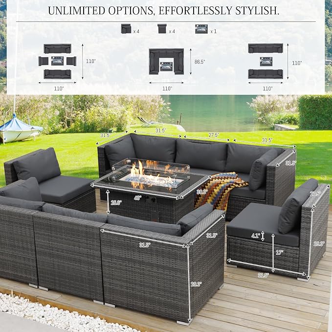 BULEXYARD 9 Piece High Back Outdoor Sectional Seating with Fire Pit Table, Heavy Duty Sturdy Wicker Patio Set Conversation Couch Sofa, Extra Wide Deep Large 8-Person Deck Furniture for Outside, Grey