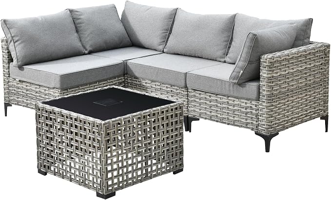 Outdoor Patio Furniture Sets,5 PCS Patio Conversation Set Outside Rattan Sectional Sofa with Coffee Table Fit Backyard Porch Garden Poolside Balcony