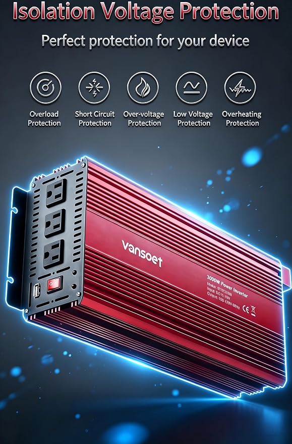 3000 Watts Power Inverter - vansoet 12V dc to 110/120V ac Car Inverter with 3 AC Outlets & Dual USB Ports for Vehicles, Ideal for Home, Emergency, Camping, RV, Truck, and Travel (Red)