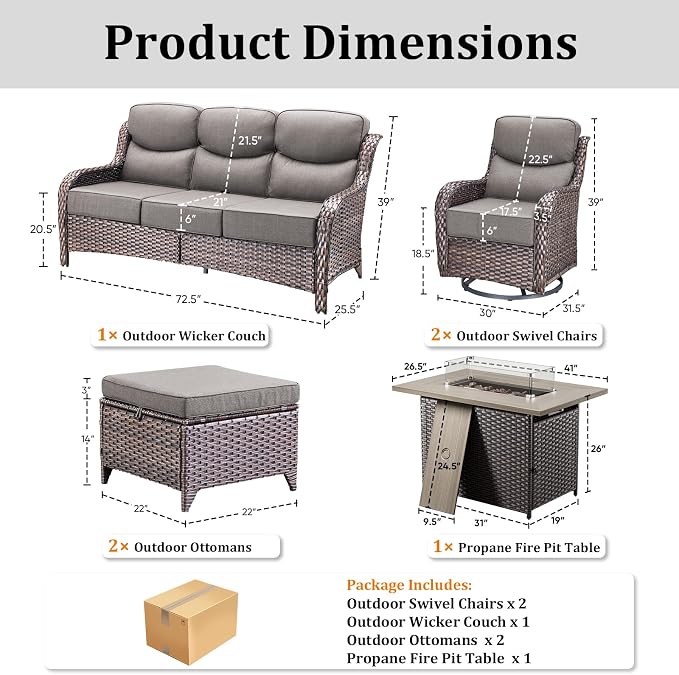 Luxury Patio Furniture Set with 42.5" Fire Pit Table, 6 Pieces High Back All Weather Wicker Outdoor Furniture w/ 6-Inch Thick Cushions, Patio Swivel Chairs Couch for Deck Balcony Backyard Brown/Grey