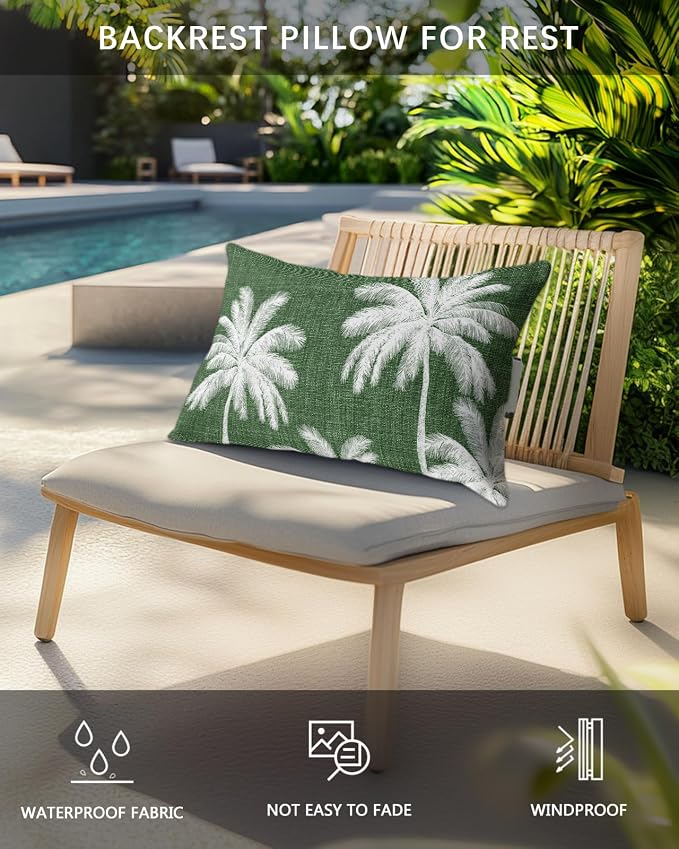 Pack of 4 Outdoor Lumbar Pillow Covers 11x16 Inch, Dark Green Palm Trees Waterproof Throw Pillow Covers Set, Farmhouse Tropical Summer Beach Indoor&Outdoor Decorative Cushion Cases for Patio Porch Car