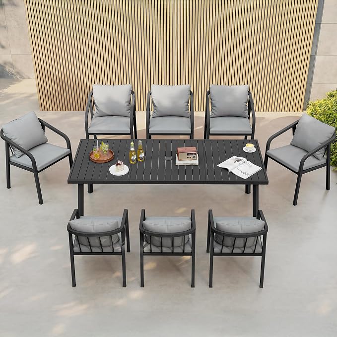 Outdoor Dining Set,9-Piece Patio Dining Table Set for 8 with Rectangular Table & 8Thick Cushion Sofa Chair, Aluminum All-Weather Patio Furniture Set for Backyard, Garden and Poolside (Black)