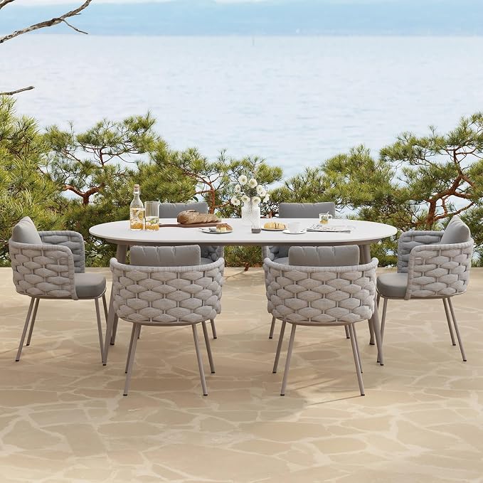 LOVEDIMA 70.9'' Patio Table and Chairs Set,7 Pieces Patio Furniture Set Outdoor Sintered Stone Top Dining Table Set with Rope Woven Armchairs for 6,Gray & White