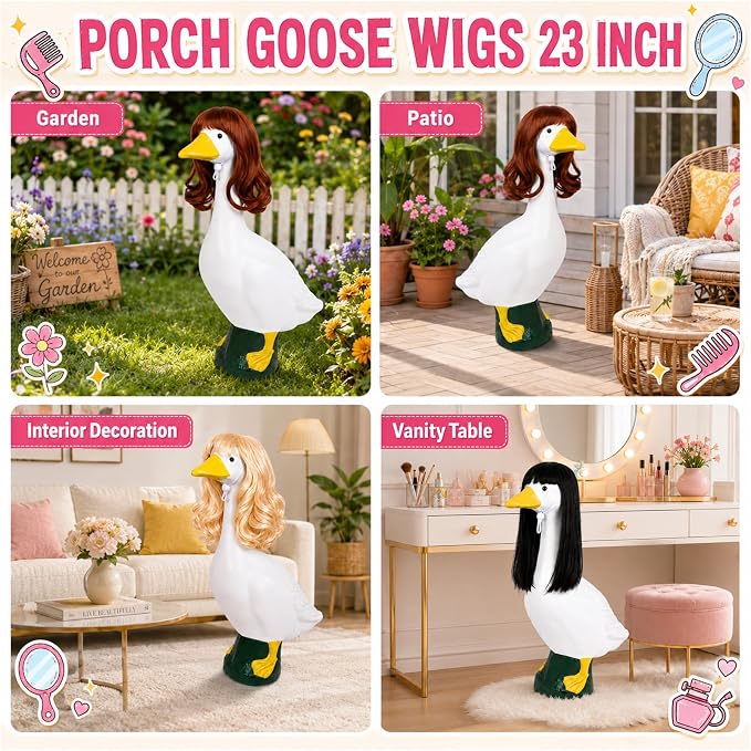 4Pcs Porch Goose Wigs Set Porch Goose Outfits Accessories for Outdoor Statue Accessories Garden Patio Yard Goosey Decoration (3PCS Wigs-B)