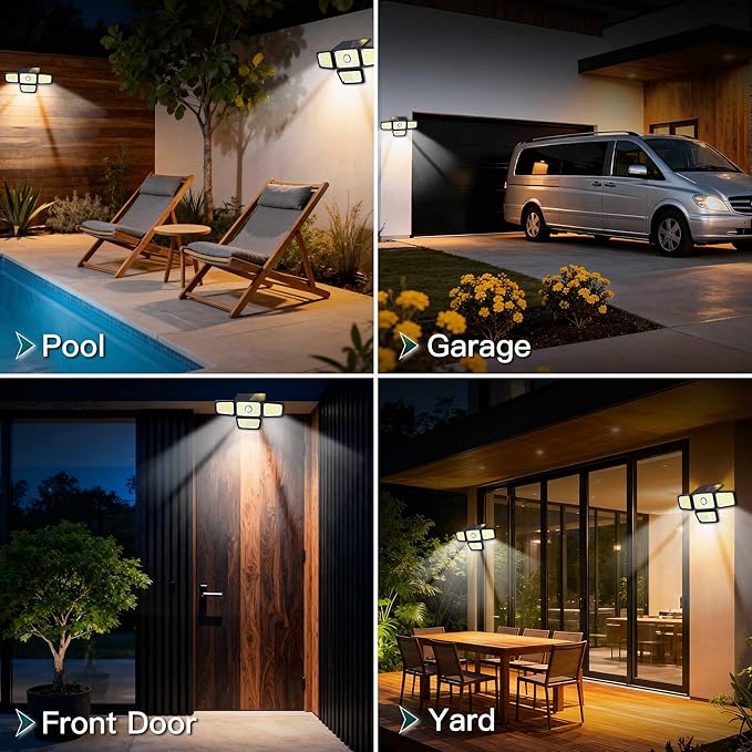 Solar Outdoor Motion Sensor Light, 4-Head 283 LED Solar Flood Light 3000LM 6500K, IP65 Waterproof Security Wall Lamp with Wide 270° Lighting Angle, Solar Powered Motion Sensor Lights(1Pack)