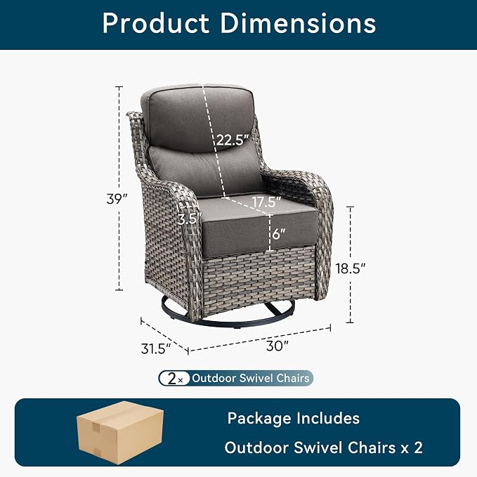 Luxury High Back Outdoor Swivel Rocker Patio Chairs with Side Table & 6-Inch Thick Cushions, 2 Pieces Patio Furniture Set for Porch, Balcony, Deck and Yard