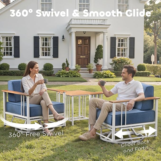 Luxury Outdoor Furniture Set with Swivel Chairs, 5 PCS Patio Furniture Set with 6" Extra Thick Cushions, Suitable for Porch, Balcony, Deck, Patio, Yard, Poolside, White/Blue