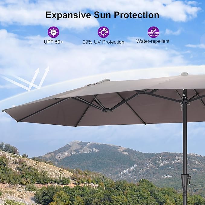 PURPLE LEAF 13ft Double-Sided Patio Umbrella with Base Included Market Rectangle Umbrella Outdoor Table Umbrella with Crank for Pool Garden Deck, Light Grey