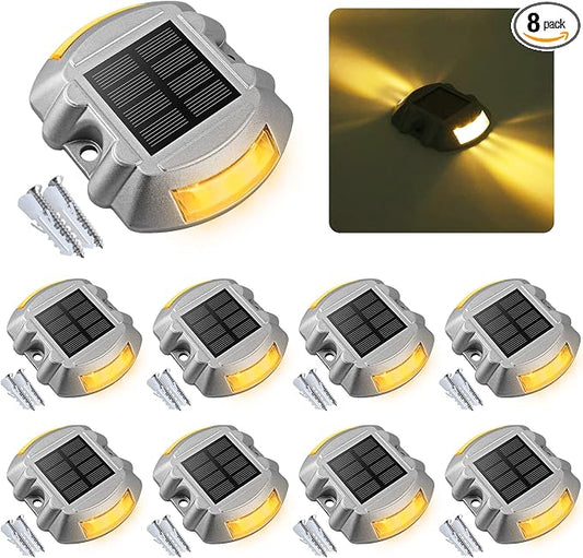 VOLISUN Solar Deck Driveway Dock Lights,Solar Pathway Lights,Warm 8 Pack | Solar Powered LED, IP68 Waterproof Led Outdoor Warning Step Marine Lights for Sidewalk Garden Yard