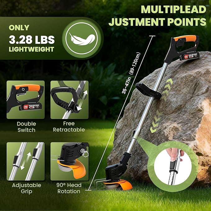 Cordless Electric Weed Wacker, 3-in-1 No String Electric Eater Battery Powered Grass Trimmer Lawn Edger Brush Cutter, Lightweight Portable Weed Trimmer with 4 Blades & Wheels for Yard Lawn Garden