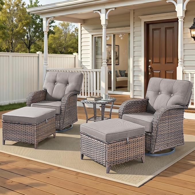 Patio Furniture Set, 5PCS Outdoor Wicker Conversation Set, High Back Rattan Sofa & Swivel Rocker Chairs, Weather Resistant Olefin Fabric for Garden, Poolside Brown/Grey