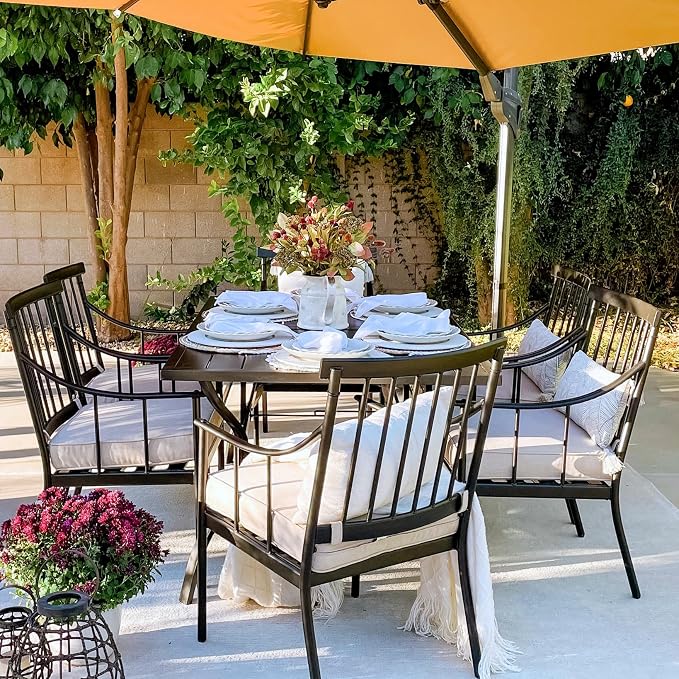 PHI VILLA 7 Piece Patio Dining Set, Rectangular Metal Table | Metal chairs, Fixed Chair, 13ft Large Beige Umbrella, 1.57" umbrella hole, Cushions, powder-coated