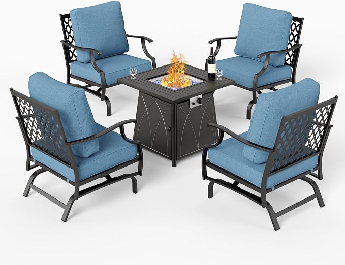SUNSHINE VALLEY 5 Piece Metal Outdoor Patio Furniture Set with Fire Pit Table, Patio Conversation Sets 4 Rocking Chairs with 5.75" Thick Cushion and 5000 BTU Fire Pit Table, Backyard Furniture, Navy