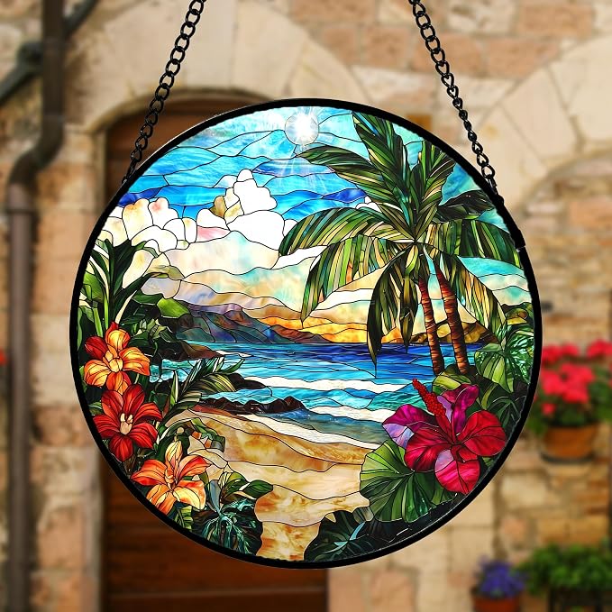 DASTOLL Stained Glass Window Hanging, Blue Beach Scenery Suncatcher Diamond Glass Panel Hangings Sun Catchers Decor for Birthday for Women, Men, Wife, Aunt, and Mom 11.8x11.8 in