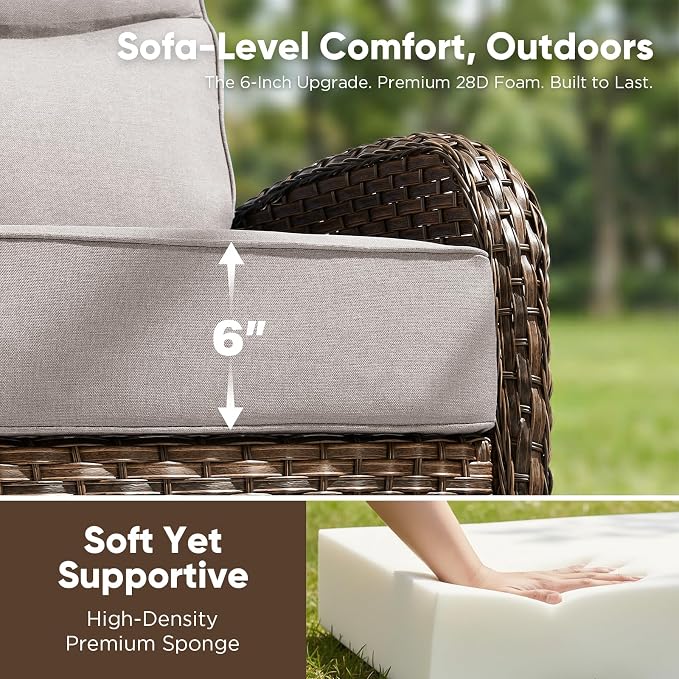 HUMMUH 5-Piece Patio Furniture Set with 6" Thick Cushion High Back Outdoor Swivel Rocker Chairs,3-Seater Sofa,Coffee Table & Ottomans,Wicker Outdoor Conversation Set for Deck, Porch,Poolside