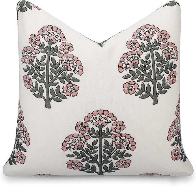 Crumbs Home Modern Farmhouse California Casual Indoor Outdoor Throw Pillow Cover, 20"x20" Water Repellent for Patio, Backyard, Couch, Poolside, Green Dark Rose Block Print Hydrangea Flowers