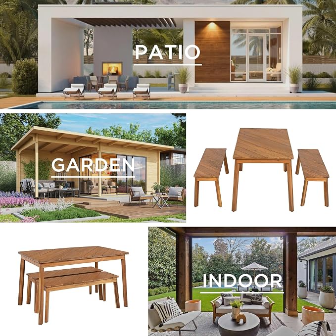 Merax Outdoor Dining Set for 4-6, 3PCS Patio Table and Bench Set, 2 Acacia Wood Diagonal Grain Patio Benches and Rectangular Dining Table, Outdoor Furniture Set for Patio, Garden, Natural