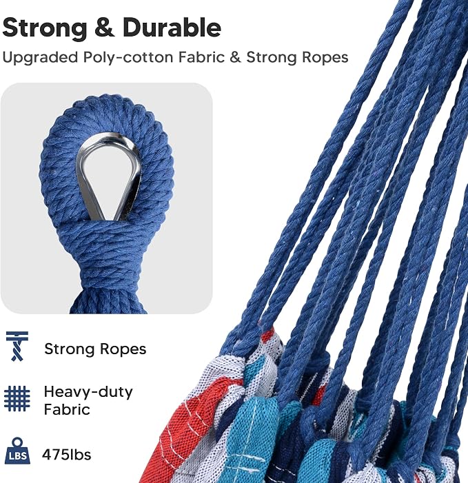 SUNCREAT Hammocks Outdoor Camping Double Hammock with Spreader Bar, Carrying Bag, Heavy Duty Travel Hammock, Blue & Red