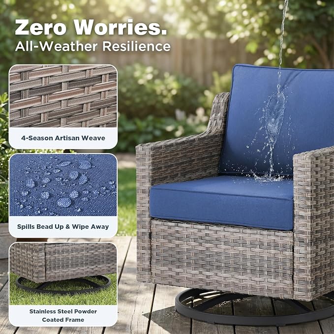 Belord Patio Wicker Swivel Rocker Patio Chairs with 3-Seater Sofa, Outdoor Rattan Chairs for Deck Porch Poolside, 12 Piece Patio Conversation Furniture Set,Blue