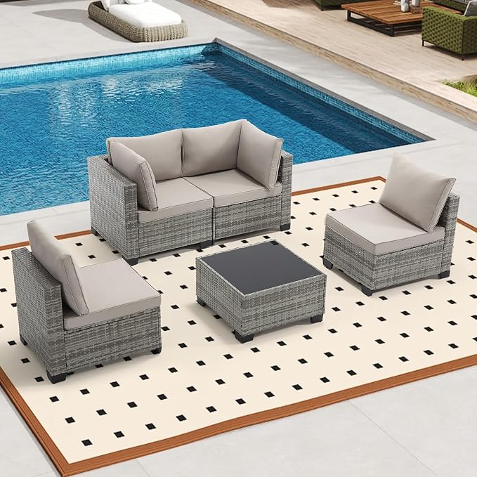 Bonzy Home 5 Pieces Outdoor Patio Furniture Set, PE Rattan Outdoor Sectional Furniture Sofa Set with Removable Cover and Glass Coffee Table, Patio Sofa for Balcony, Porch, Garden, (Grey-Grey
