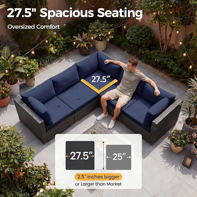 NICESOUL 13 Piece L-Shaped Outdoor Furniture Conversation with Fireplace Natural Gas/Propane, 29.3'' High Back Oversized Rattan Sofa Couch, Wide Deep Seated Patio Sectional, 2 Color Cushion Navy&Grey