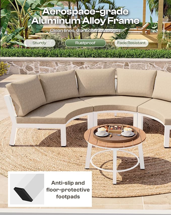 Outdoor Patio Furniture Set,4 Piece Aluminum Half-Moon Patio Conversation Sets, PE Rope Curved Sofa, All-Weather Outdoor Sectional Sofas with Modular Coffee Table & Cushions, White