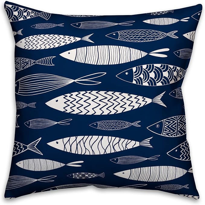 School of Fish Indoor/Outdoor Pillow | Decorative Pillows for Living Room Couch Bed Sofa Patio, Fluffy Soft Cushion | Water Resistant Blue, 18x18