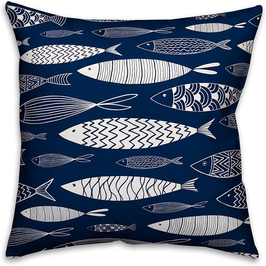 School of Fish Indoor/Outdoor Pillow | Decorative Pillows for Living Room Couch Bed Sofa Patio, Fluffy Soft Cushion | Water Resistant Blue, 18x18
