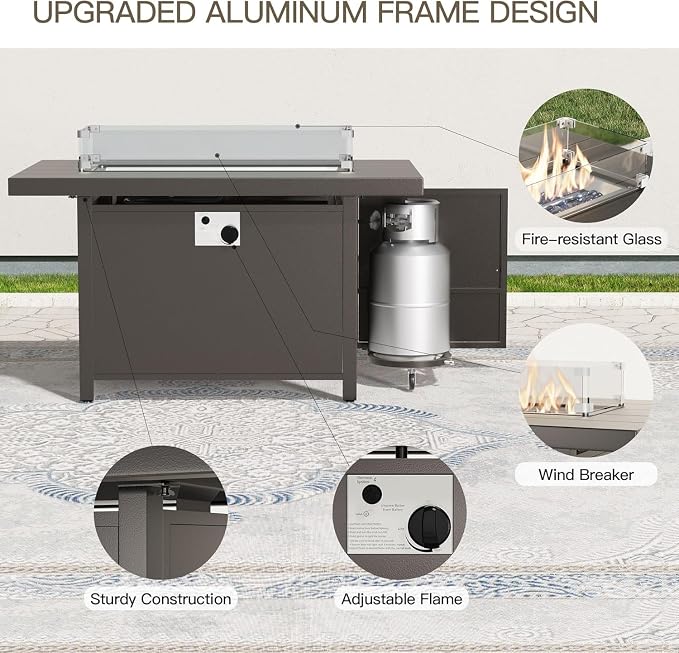 Aluminum Patio Furniture Set with 55,000 BTU Propane Fire Pit Table,5 Seats Metal Modern Outdoor Furniture w/5.1" Cushions,Patio Sectional w/Swivel Chairs for Backyard,Patio,Sand