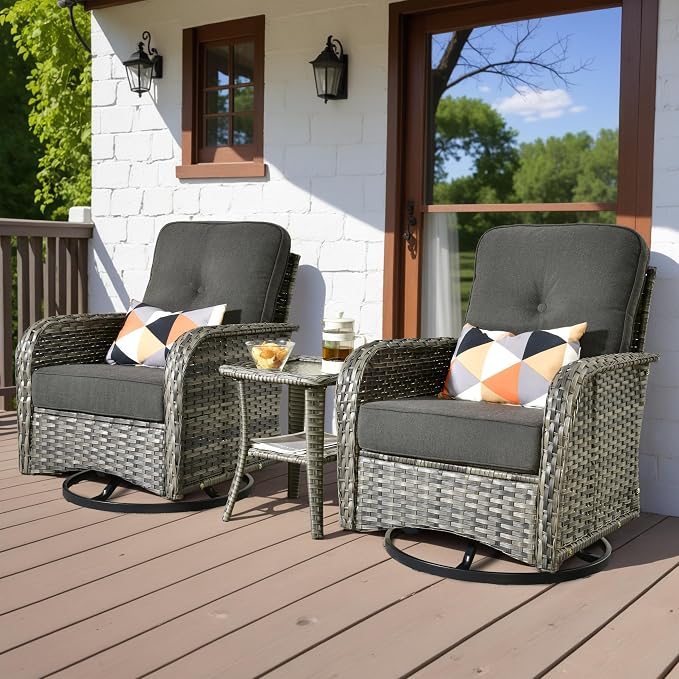 HOOOWOOO Patio Furniture Set,3 Pieces Outdoor Conversation Set,All Weather Wicker High Back Swivel Chairs Bistro Set with Side Table,Black