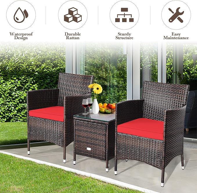 DORTALA Wicker Patio Furniture Set 3 Piece, Small Outdoor Table & Chairs Set with Cushions, All-Weather Rattan Conversation Bistro Set for Balcony, Porch, Backyard, Deck, Red