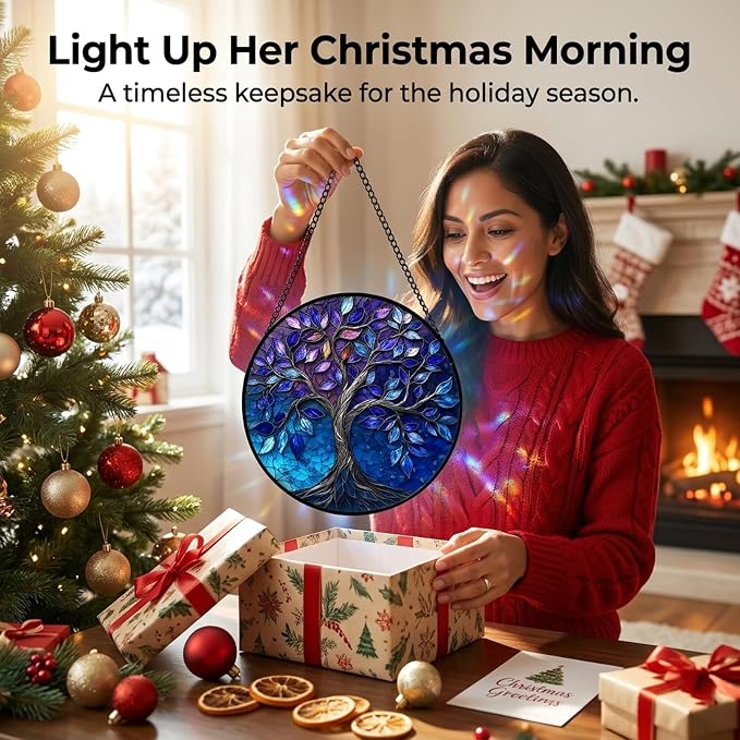 Birthday Gifts for Women - Blue Tree of Life Faux Stained Glass Window Hanging Sun Catcher for Door Garden Acrylic Decor Mother's Day Christmas for Mom Nana Grandma Sisters Wife 9.8"