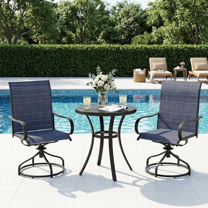 TLSUNNY 3 Piece Patio Dining Set for 2, Outdoor Table and Chairs W/1.57"-1.8" Adjustable Umbrella Hole & Foot Pads, 27.6" Round Metal Table and Patio 360° Swivel Chair, Rocking not Included (Blue)