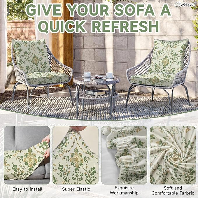 CALBODE 12 Pcs Stretch Outdoor Seat Cushion Covers, Washable Chair Seat Cover for Patio Furniture Cushions Soft Indoor and Outdoor Couch Cover Replacement (Green Vines, Cover Only)