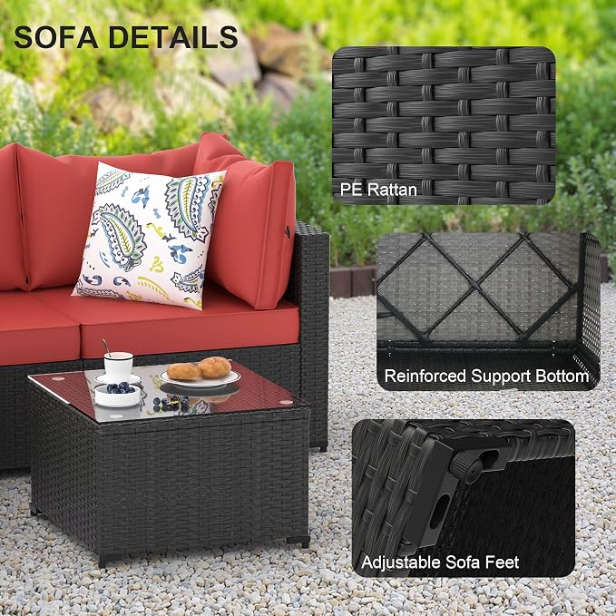 Patio Furniture Set, 6PCS Patio Sectional w/ Fire Pit Tabel Ottoman Wicker Rattan Outdoor Furniture with Thickened Cushion Modular Wicker Patio Conversation Set with Glass Top Table for Balcony(Red)
