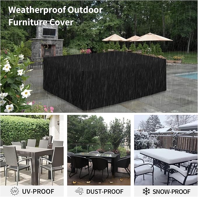 Easy-Going 600D Heavy Duty Patio Furniture Cover, Outdoor Rectangular Table and Chair Set, Waterproof Sectional Set (110"L x 84"W x 28"H, Black)