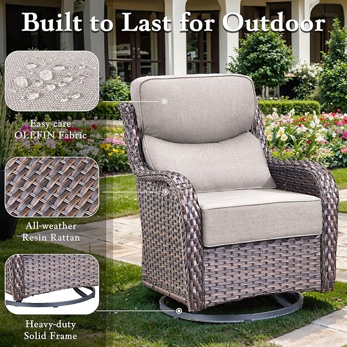 Luxury High Back Outdoor Furniture with 6-inch Extra Thick Cushions, Patio Furniture Set with Fire Pit Table & Swivel Chairs, 7 PCS Wicker Conversation Set for Yard, Deck, Poolside, Brown/Beige