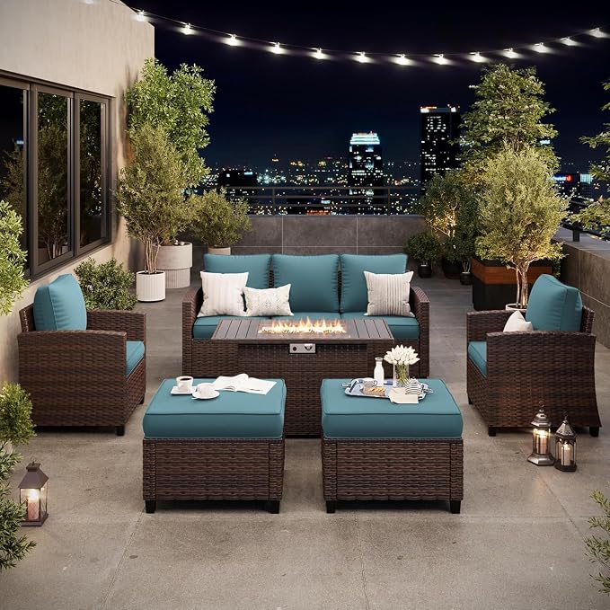 6 Pcs Patio Furniture Set with 44" Propane Gas Fire Pit Table, Rattan Outdoor Couch with Ottomans, 4" Thick Cushions for Backyard Garden Deck,Light Blue