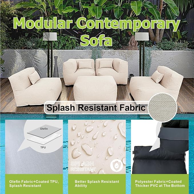 ANNYH Modern Calaluna 5Pc OUTDOOR Furniture Sectional Conversation Set- COMBINATION of 2Middle 2Corner 1Ottoman/Coffee-Expansion Foam Filling chairs-A UNIQUE Modular Contemporary Sofa (Light Beige)