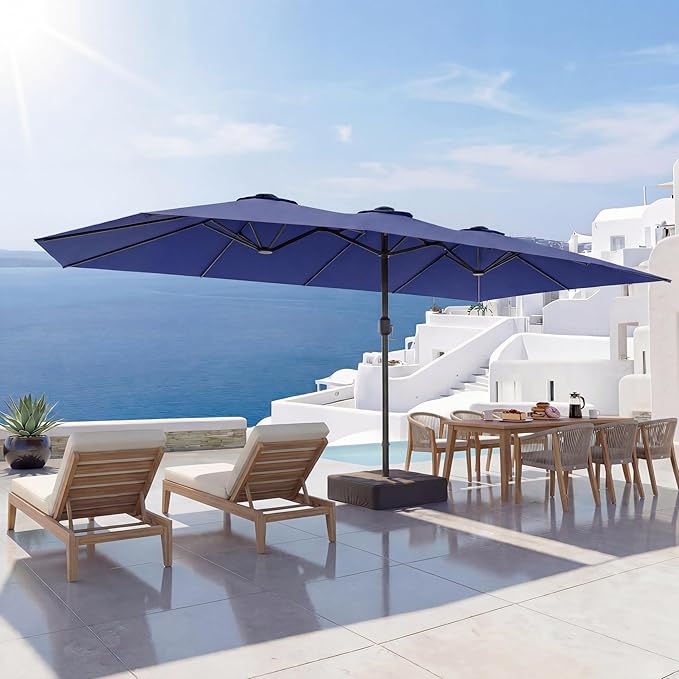EO Living 13ft Large Patio Umbrella with Solar Lights, Double-Sided Rectangle Outdoor Umbrella with Base Included, 24 LED Lights Table Umbrella for Poolside Deck Market (Navy Blue)