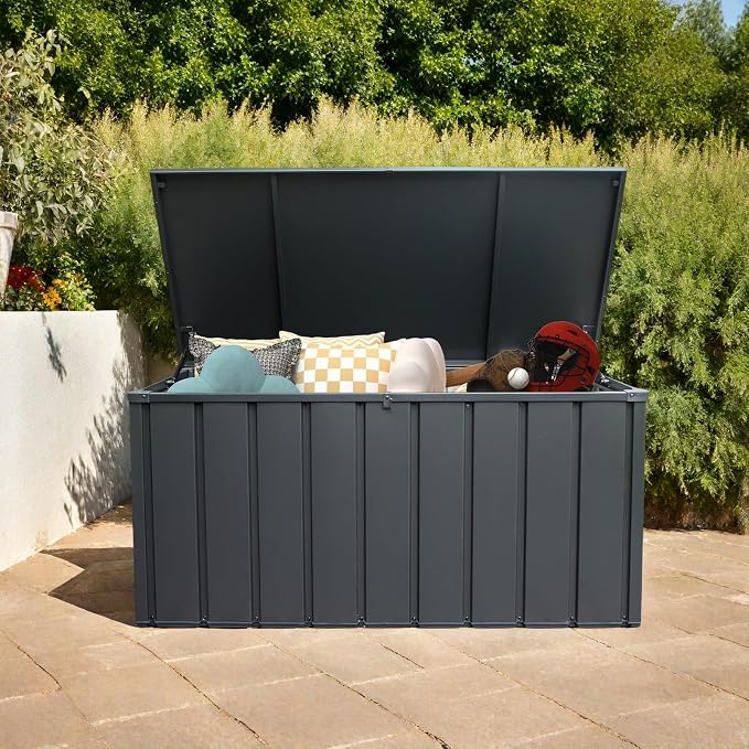 ChicFurnit Outdoor Storage Box, 120 Gallon Deck Box with Lockable Metal Lid & Portable Side Handles, Outdoor Storage Bin with Stable Support Rod, Soft Close Mechanism & Mobility Rollers, Dark Gray