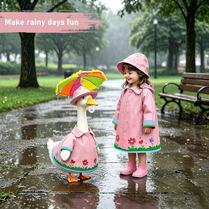 3 Pcs/Set Floral Raincoat Porch Goose Outfits: Pink Lawn Goose Statue Rain Coat Costume with Umbrella Hat - Spring Yard Goose Clothes for 23 Inch Goose Statue - Patio Garden Porch Lawn Outdoor Decor