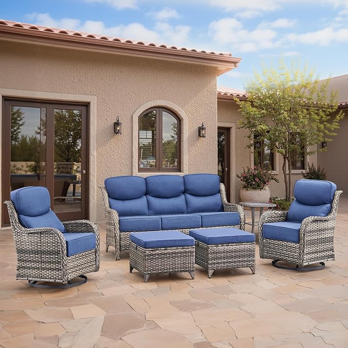 Swivel Patio Chairs Sofa Set of 6-6" Thick Cushion - Wicker Outdoor Swivel Rocker Patio Chair,Sofa/Side Table, High Back Comfortable Outdoor Glider Chairs - Grey Wicker | Blue Cushions