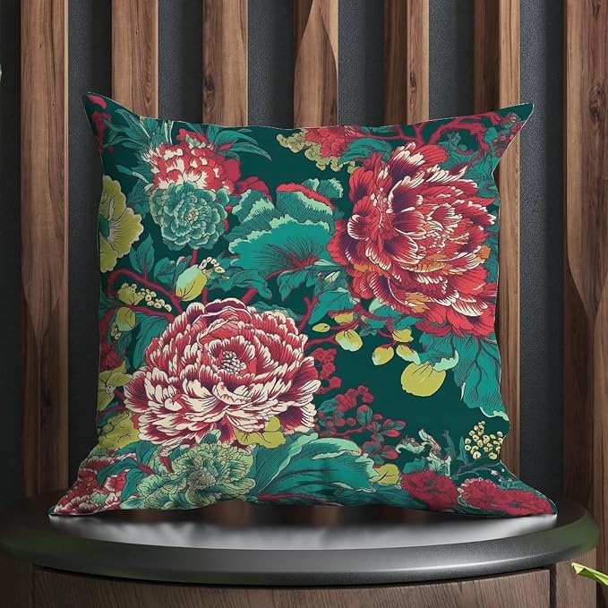Chinoiserie Red Peony Floral Cushion Cases Green and Pink Pillow Covers 22x22 INRustic Accent Outdoor Garden Decoration for Couch Tent Park